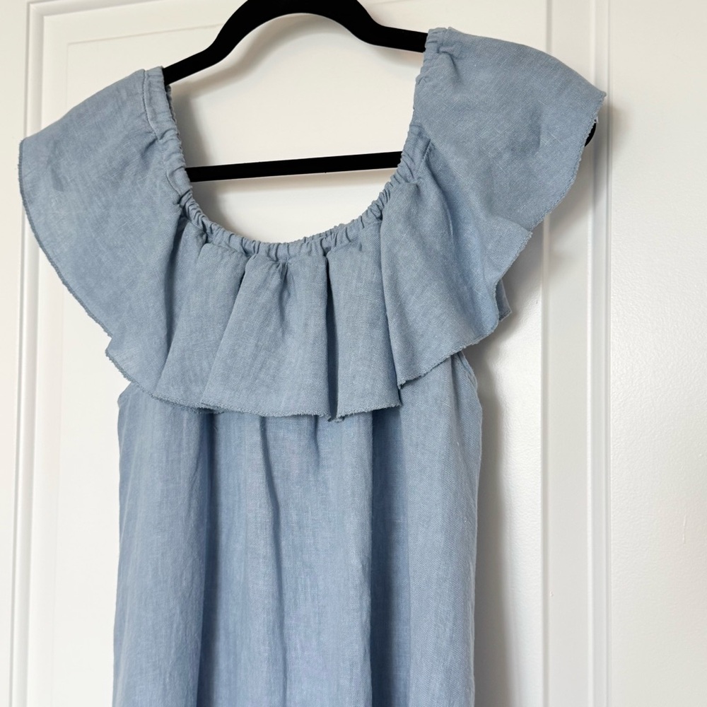 Marina Gigli 100% Linen Blue Ruffle Dress, Made in Italy, large - Picture 3 of 7
